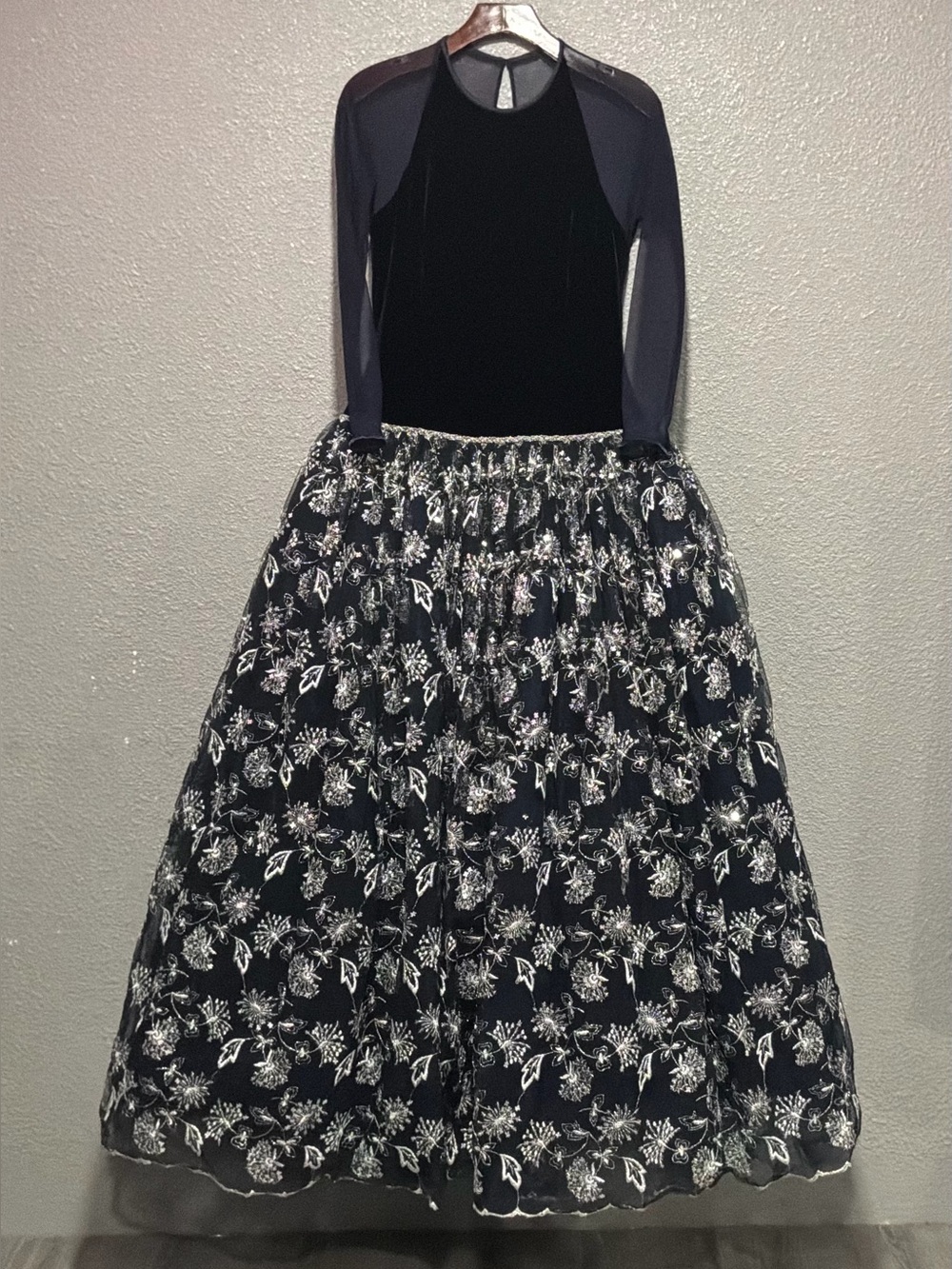 Vintage Women's navy blue dress A-Line Floral Embroidered